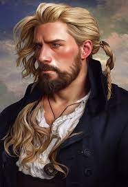 medieval male scruffy fat blonde pirate with a captains hat standing on a tropical beach shore with palm trees in the background by an ocean...