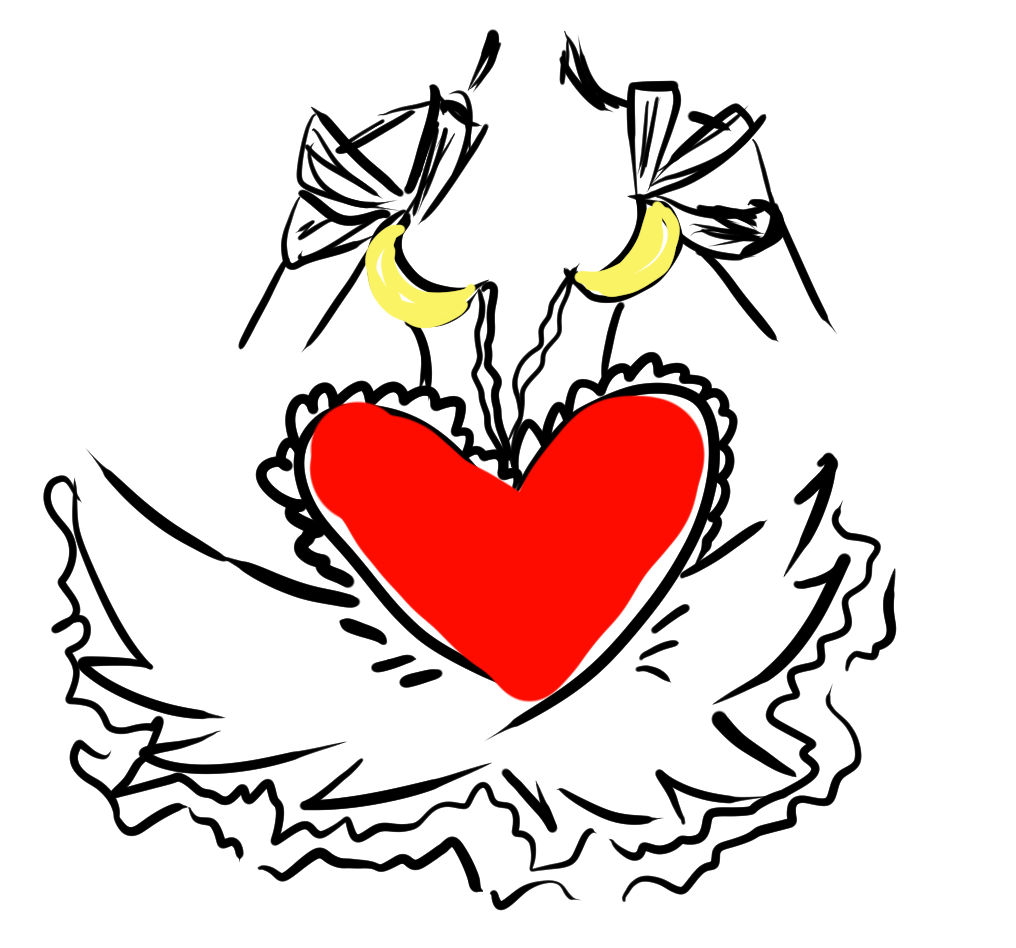 girl in a bodysuit, ballerina's puffy skirt, two metal crescent moons cover the open chest, large red cloth heart on the waist, open legs, o...