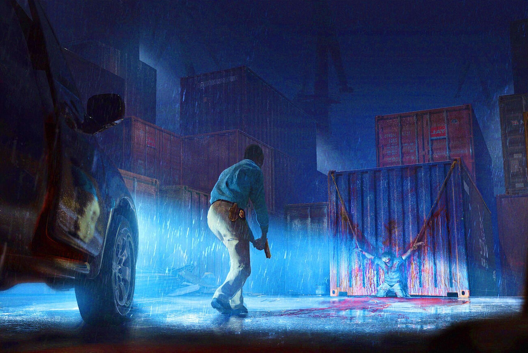 "In a dimly lit, abandoned warehouse, a body dangles mid-air, visibly suspended by heavy chains hooked to the ceiling. The figure's limbs ar...