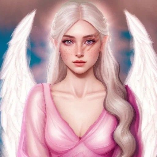 A detailed portrait of an elven woman with long, platinum hair, striking purple eyes, and angel wings. She has a soft, kind face. Her flowin...
