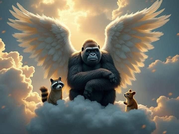 An upset silverback gorilla, a squirrel and a raccoon are muscular angels in heaven armed with assault rifles 
