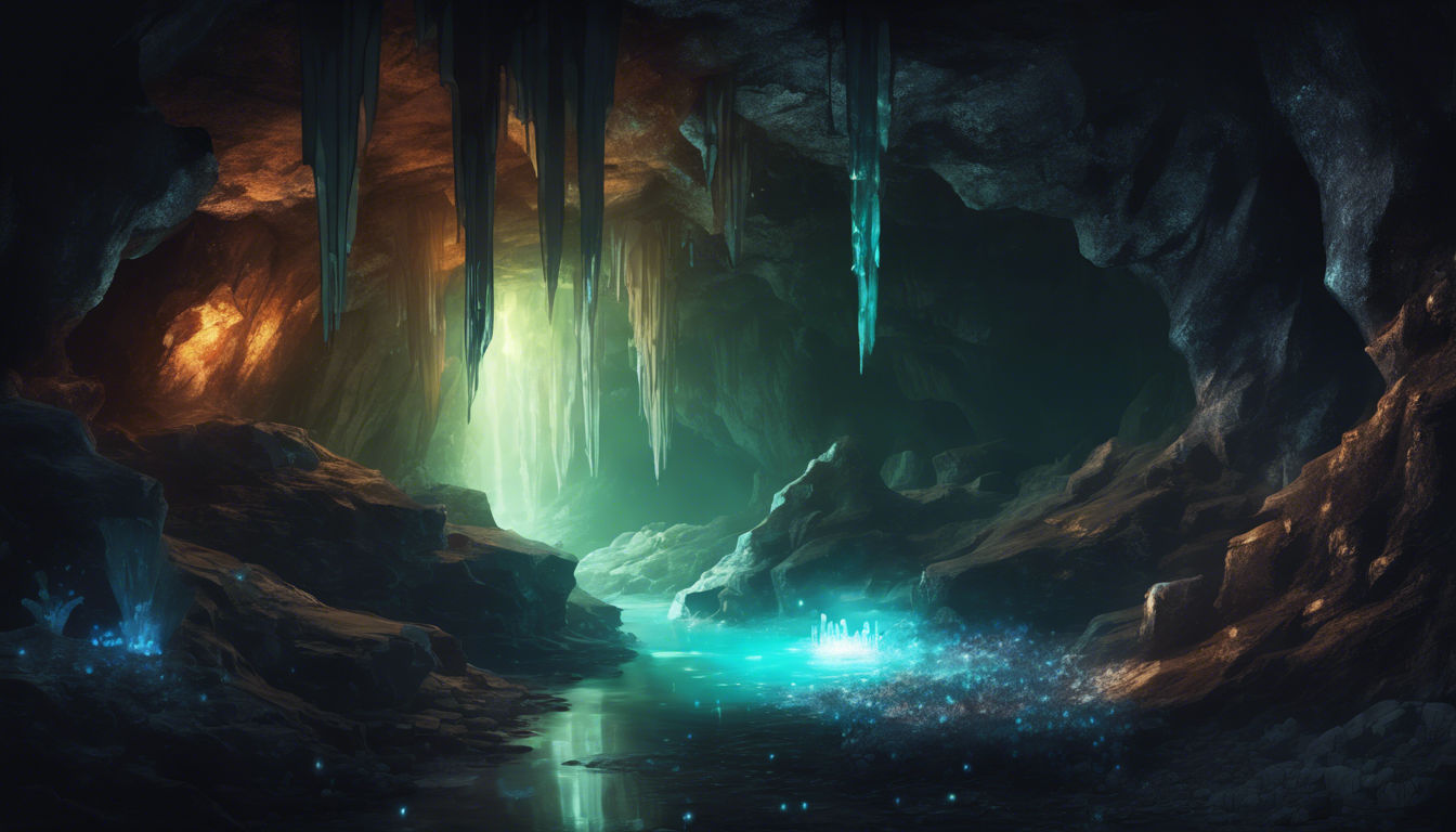 <lora:Ghostly:1.0> Mysterious underground cave with glowing crystals and an underground river, dark, mysterious, underground landscape, high...