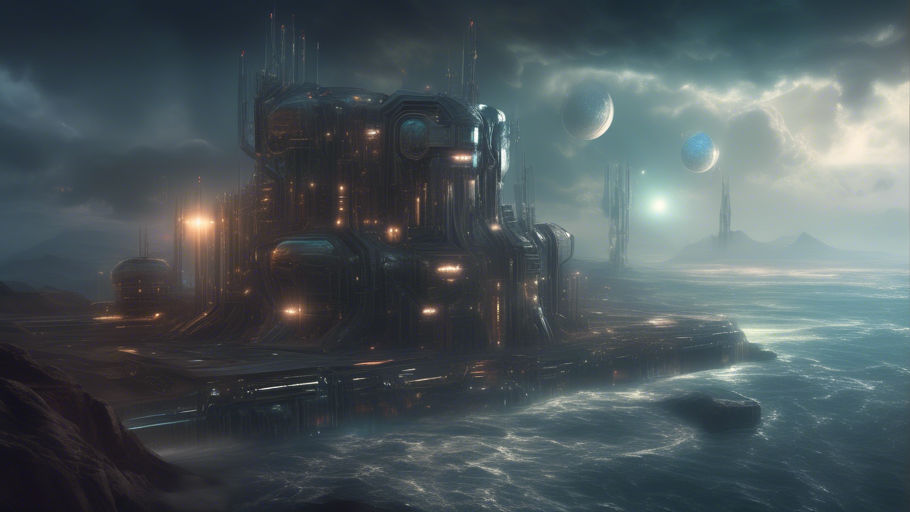 <lora:Murraypunk v2:1.0> On a water planet, a high tech factory floats