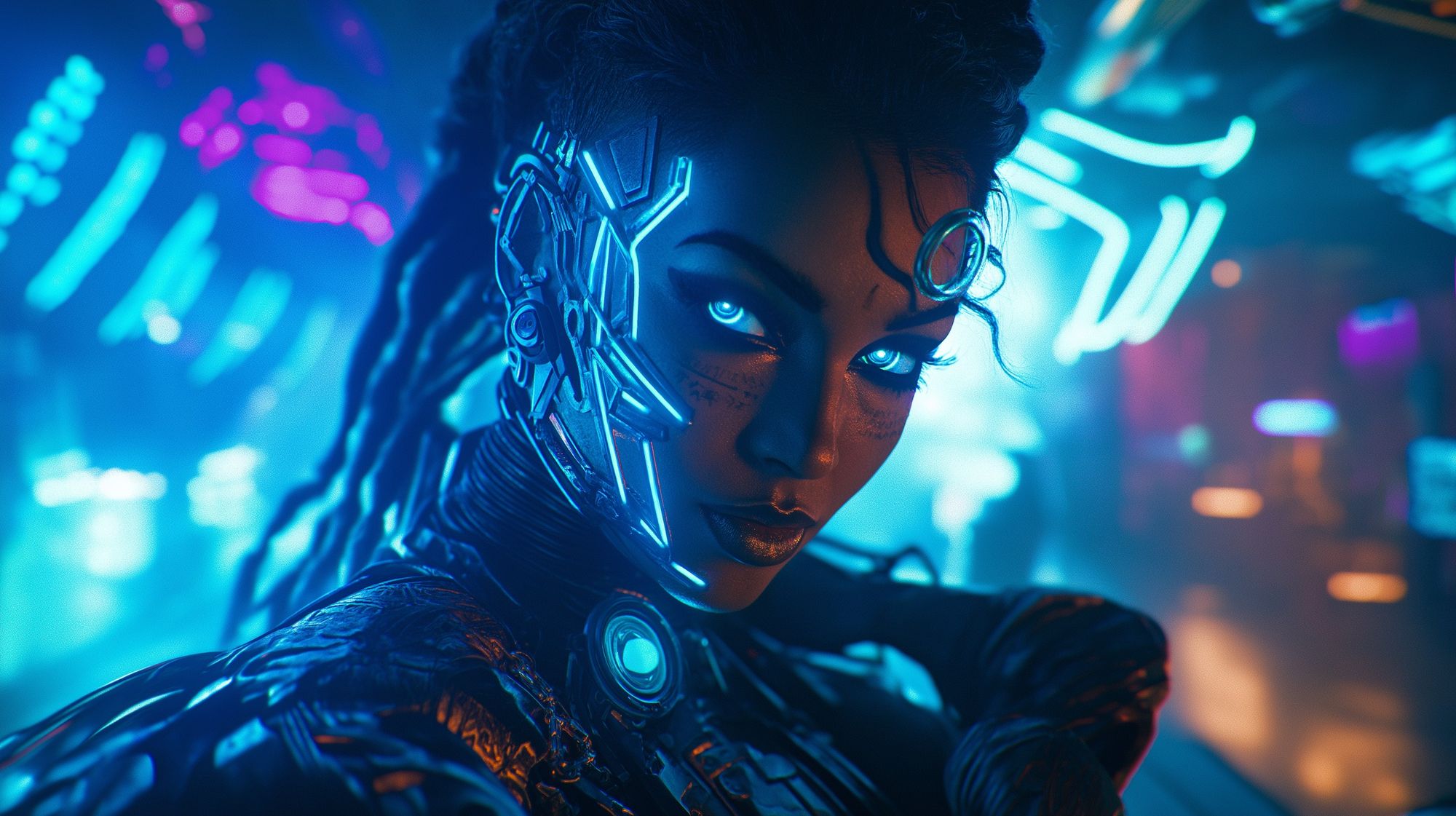 A beautiful female cyborg with a faint smile, glowPunk, stands inside a futuristic nightclub with highly detailed, very subtle cinematic lig...