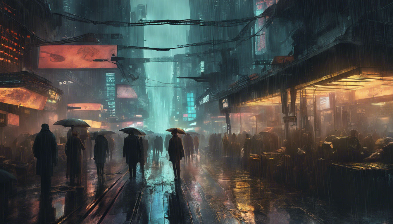 <lora:Night Sparkle:1.0> It is a highly futuristic city in the style of Blade Runner: Crowded, cramped, rainy, grungy, and highly detailed.