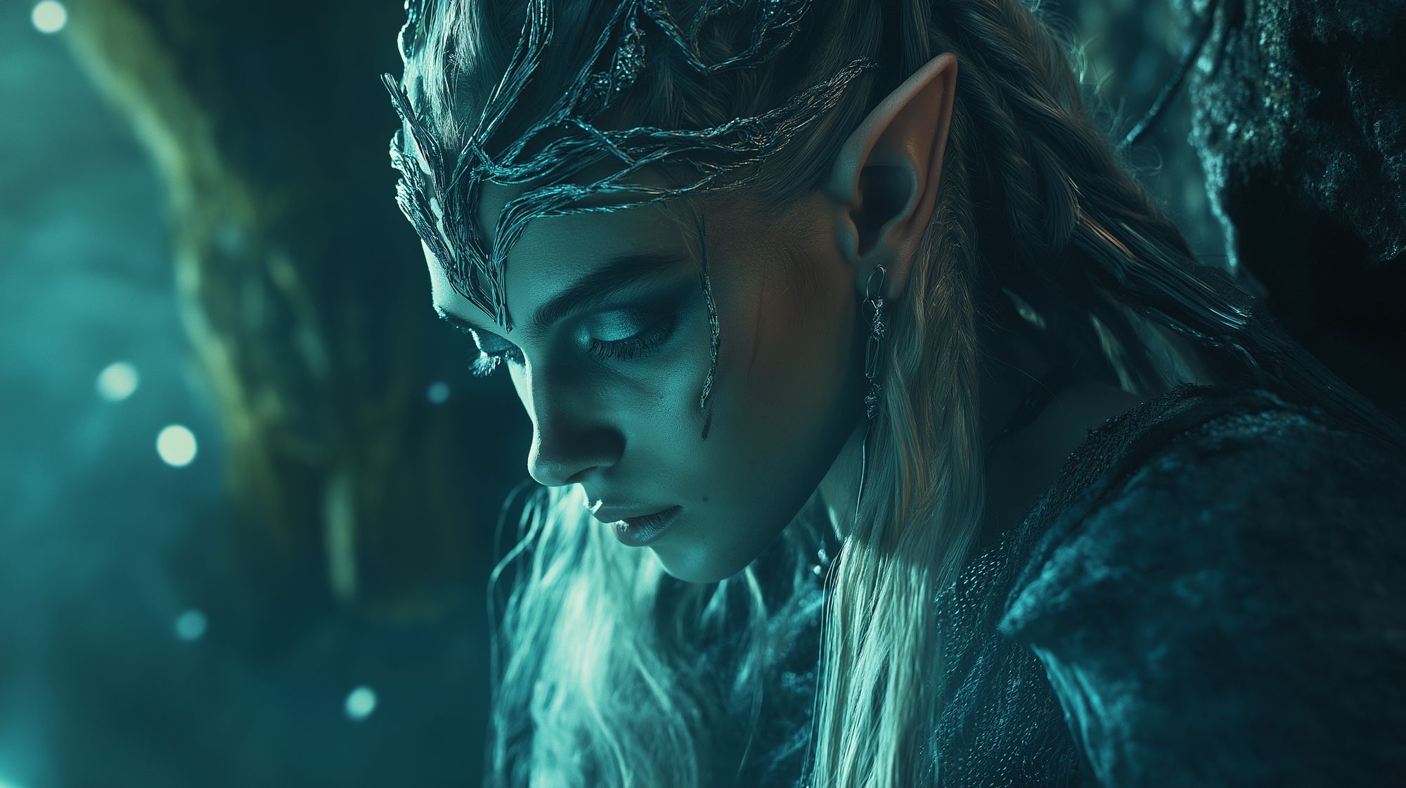A beautiful elven maid stands in closeup holding a crystal. The maid's elven features are subtle and ethereal. 
