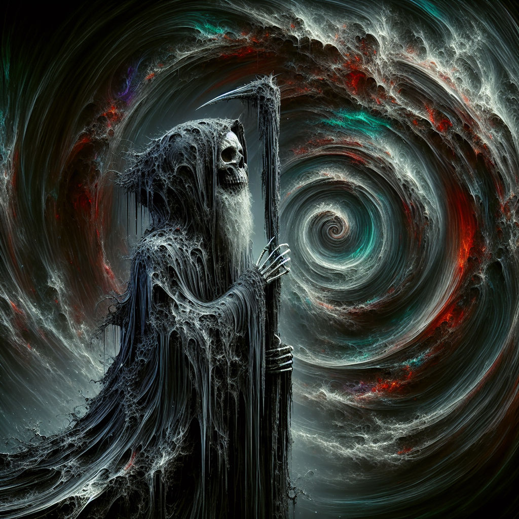 A sinister Grim Reaper in a psychedelic realm. reality melts away