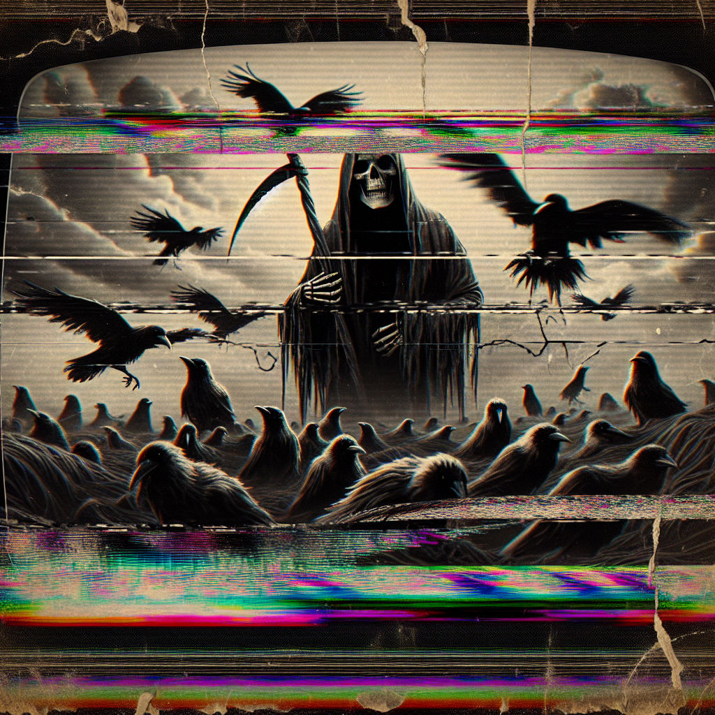 A vintage, degraded VHS-style image with prominent tracking lines, color bleeding, and static interference. The scene is...