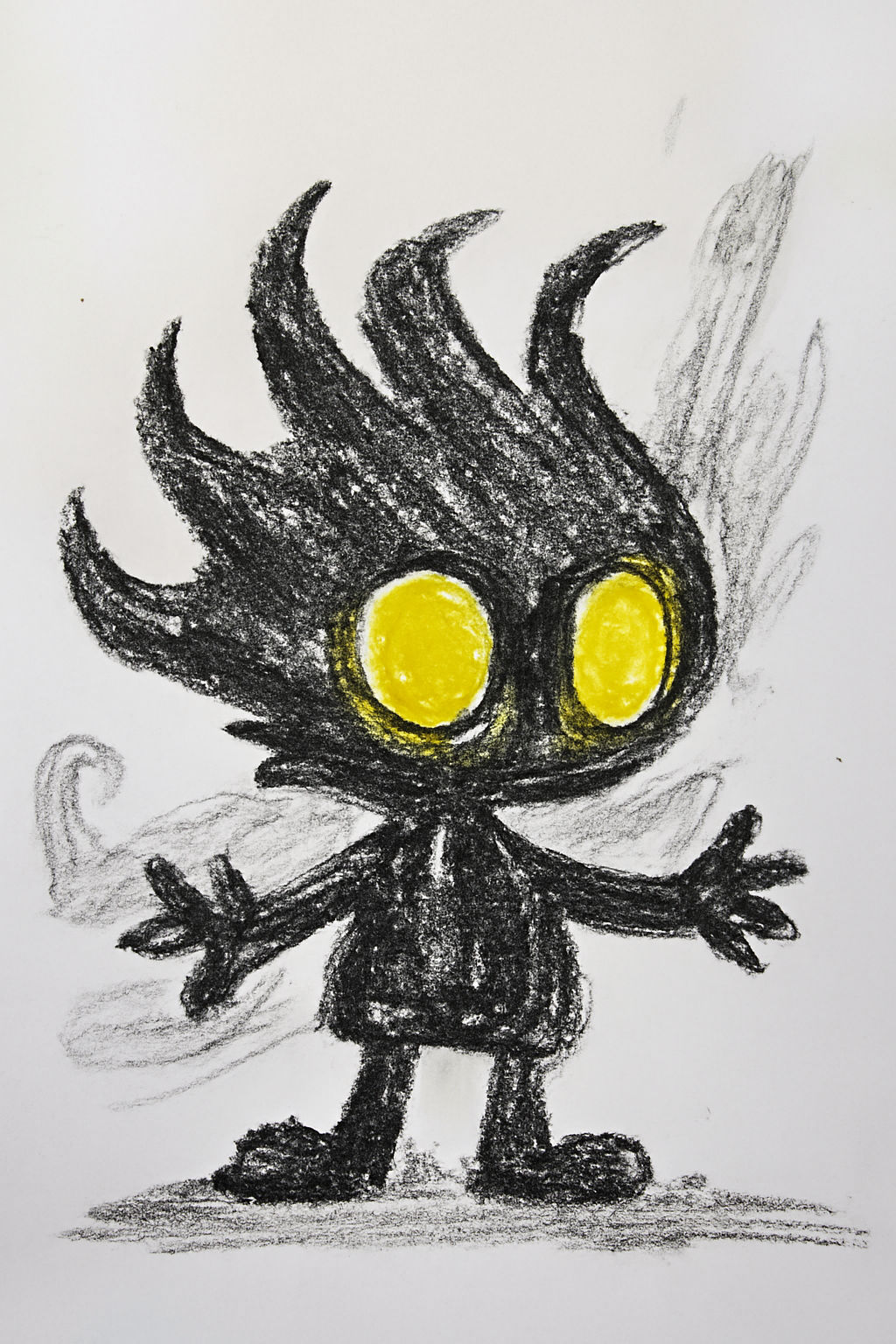 A child-like crayon drawing of an imaginative oil monster with a playful and whimsical appearance. The creature has large, glowing yellow ey...