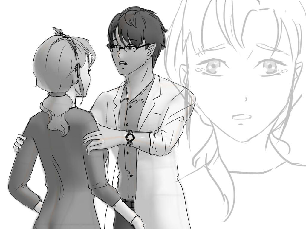 A scared anime girl is being held by an anime doctor wearing glasses who is trying to calm her down.