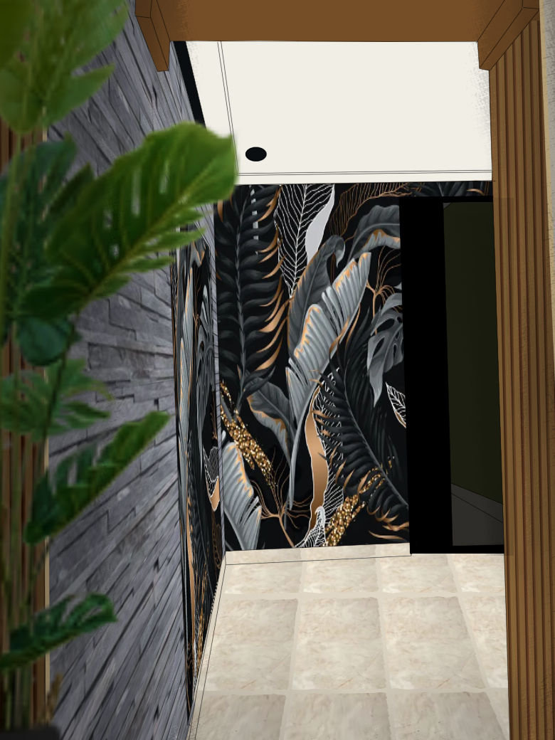 Entrance with Grey stone ceramic and black decorative wallpaper,Beige floor ceramic, glass door, modern decor for the space