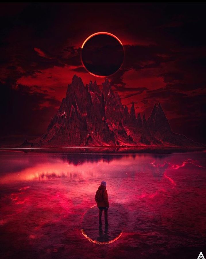 a red sky with  purple clouds and red moon far away above the sky 