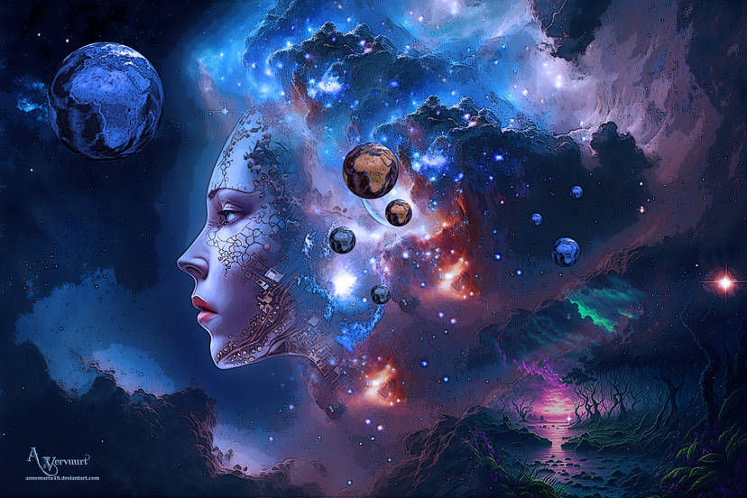 Surreal big earth on her head,collorfull 