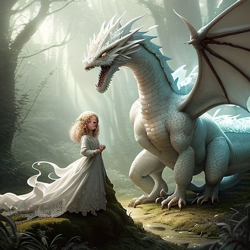  girl with her white dragon friend in a fairy tail magic forest .the girl has long blond curly hair,make up,lashes,red lips
 