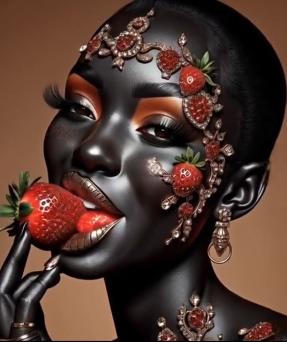 Black beautiful woman strawberry in her mouth.make up,red lips,long lashes