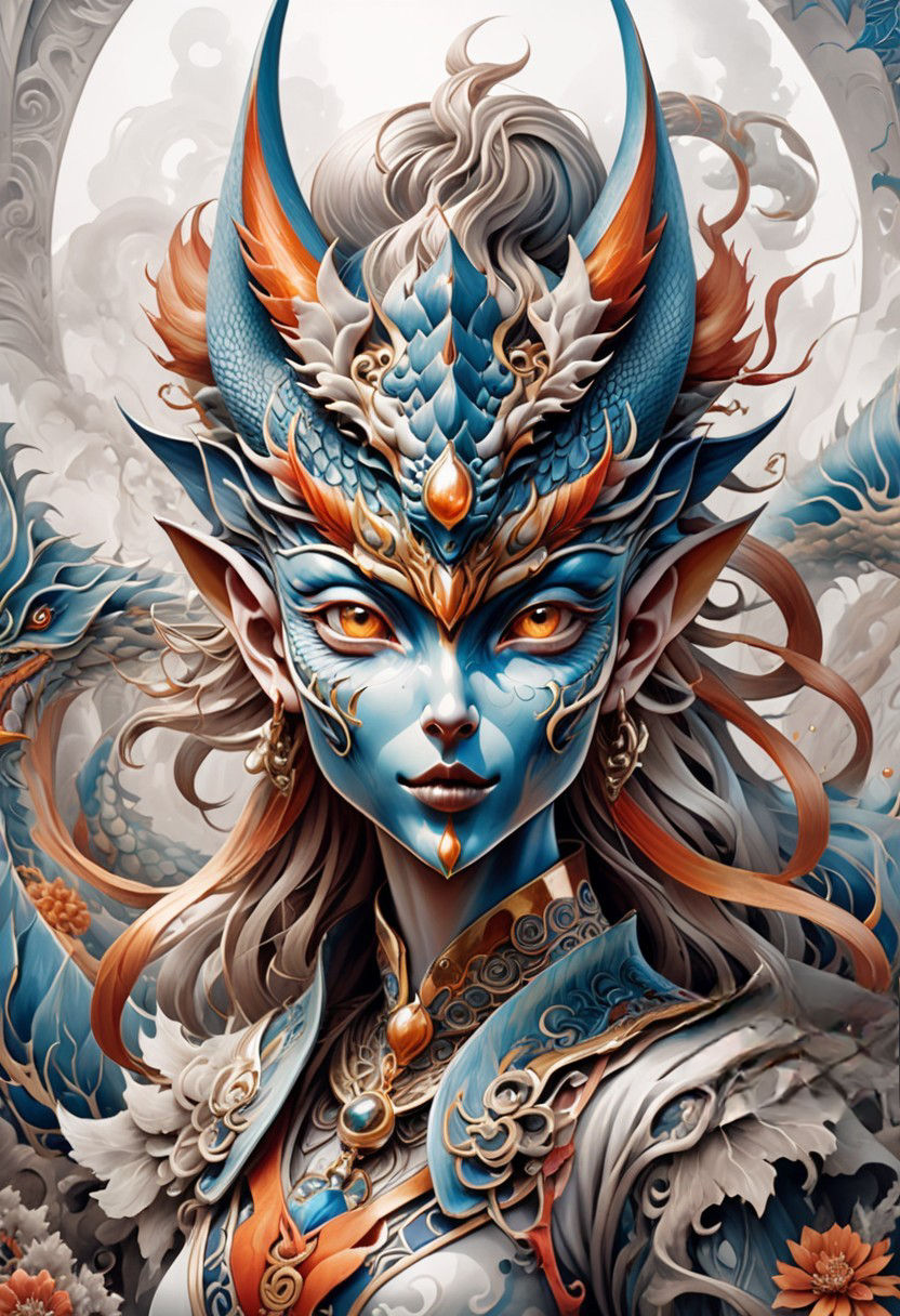 Chinese dragon woman, red lips,make up,lashes,cosmos backround, mini planets 