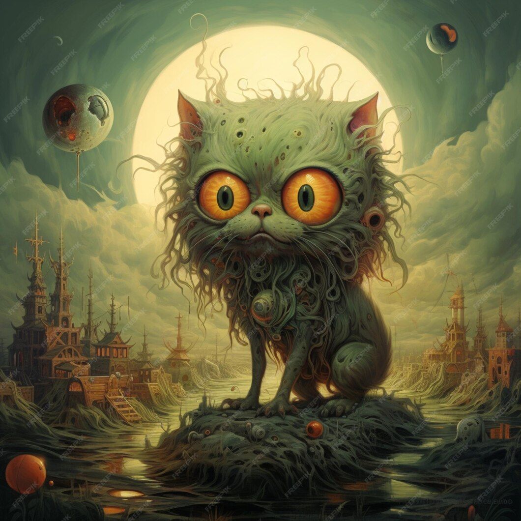 
Painting of a cat with a strange face and a strange tail 

