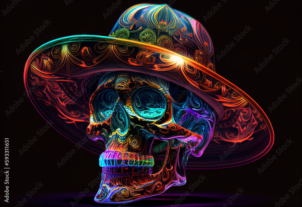 Big neon skull in the middle of the neon forest with a neon hat on his head.night lightening 
Dark ai art


