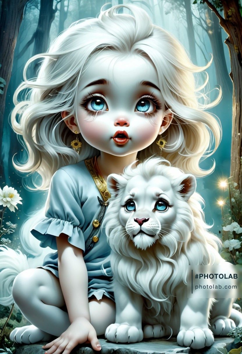 Magical forest gnome girl with dragon 