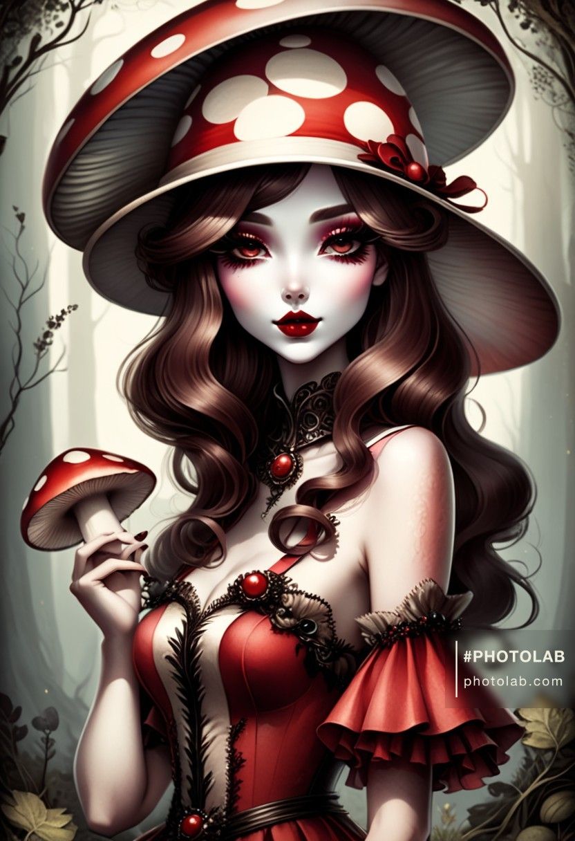 Woman with mushroom hat,enchanted forest
Autumn,long lashes,makeup, red lipstick 
