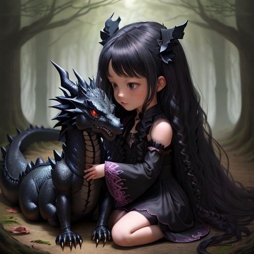 Little girl with her dragon friend in a fairy tail magis forest