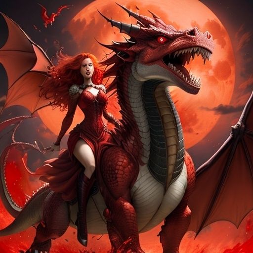 Red  angel woman flying with red dragon,windy white hair