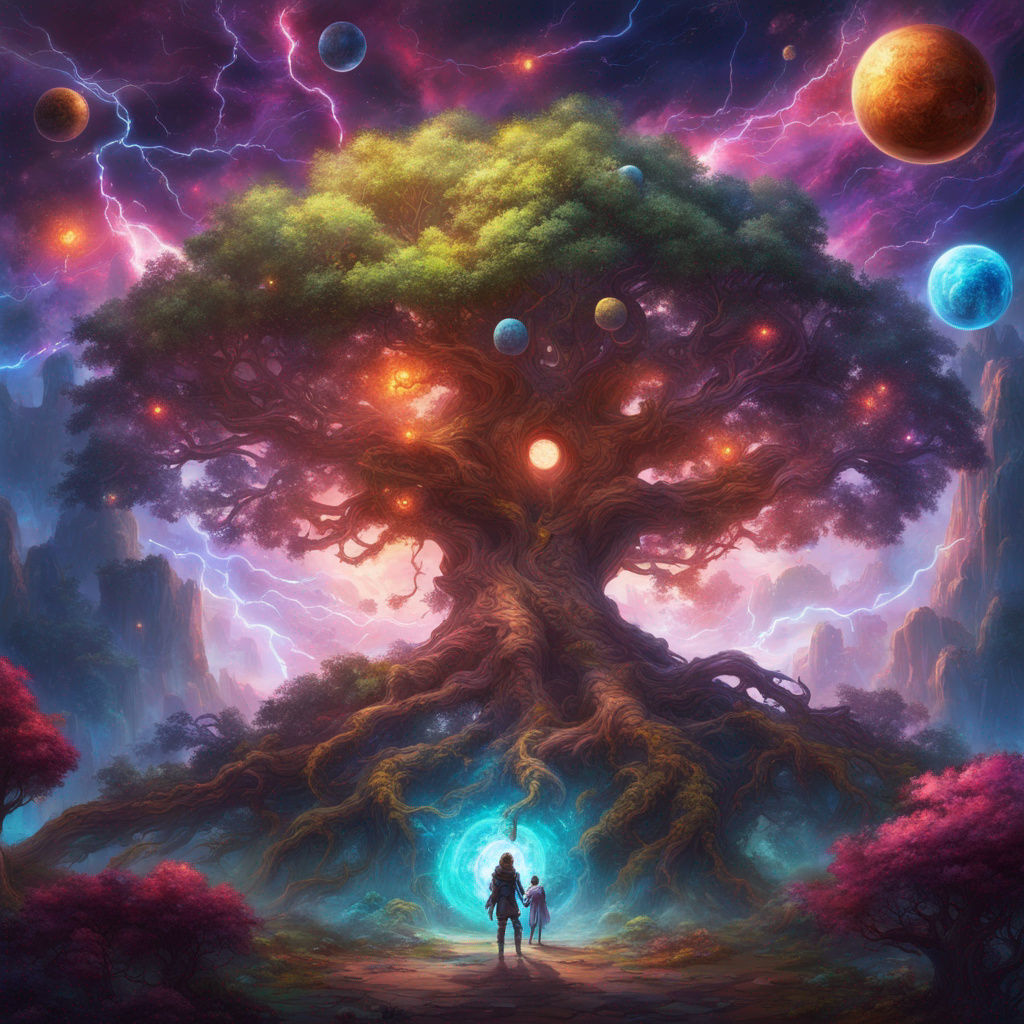 Magic place ,mother and child walking in a magic portal trough the tree