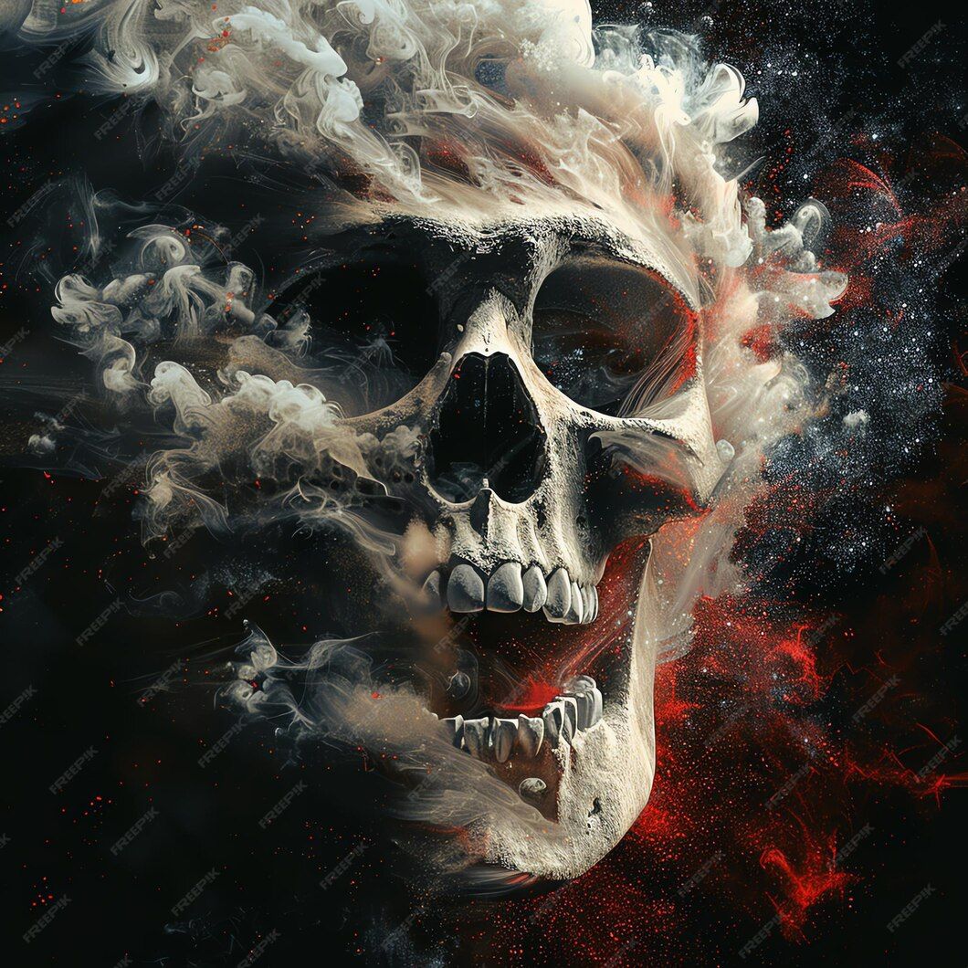 Skull with a joint in his mouth,smoke,macrac 