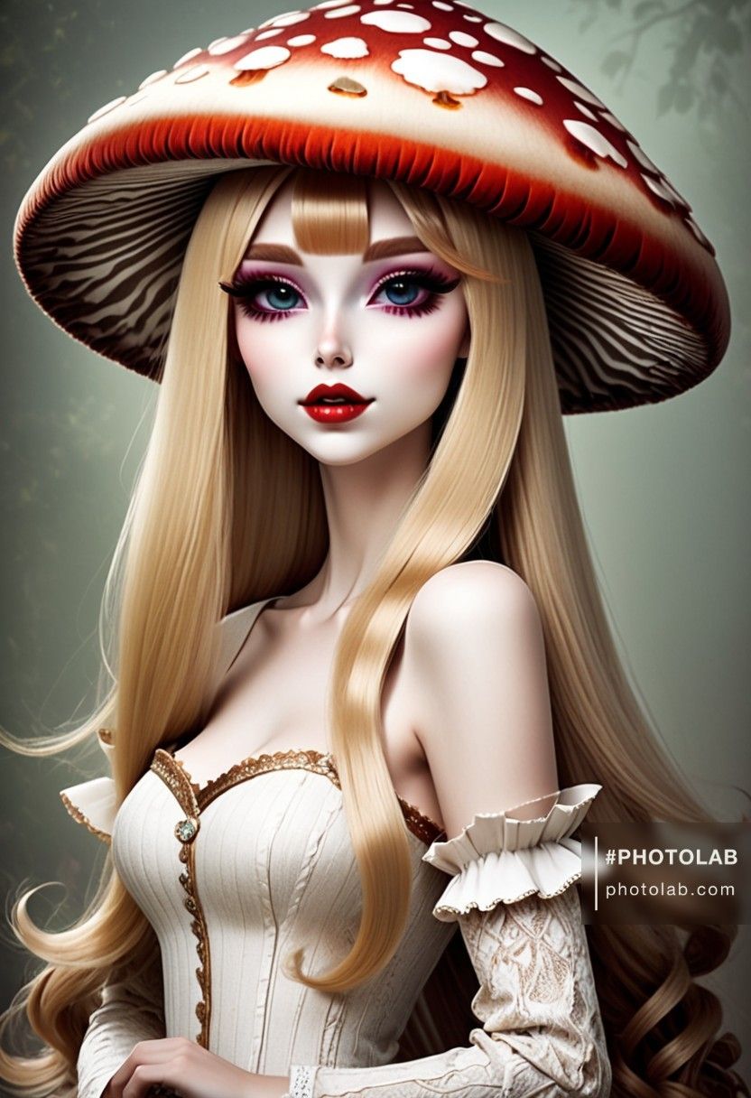 Beautiful woman with a very big mushroom  hat ,enchanted forest,makeup, long lashes,red lips,mushroom  forest