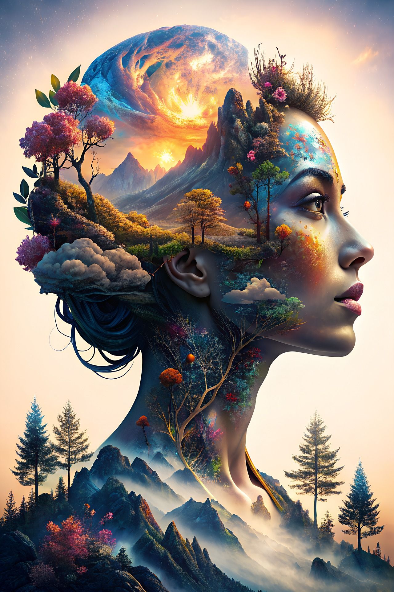 Beautiful woman ,make up,lashes,red lips,
Surreal, cosmos backround 