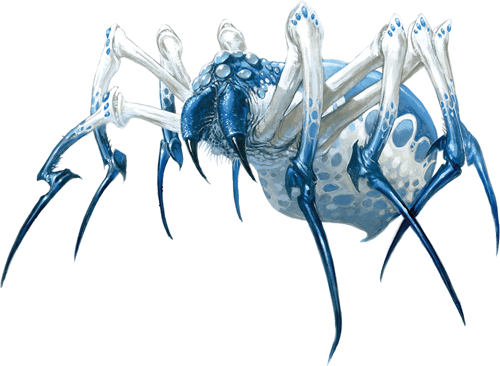 The image depicts a large, spider-like creature with a striking blue and white color scheme. It has a bulbous body covered in spots, long, s...
