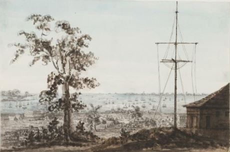 Singapore 18000s, 4 Indian convict labourers stationed to man flagstaff signal station on isolated island, no trees in background surrounded...