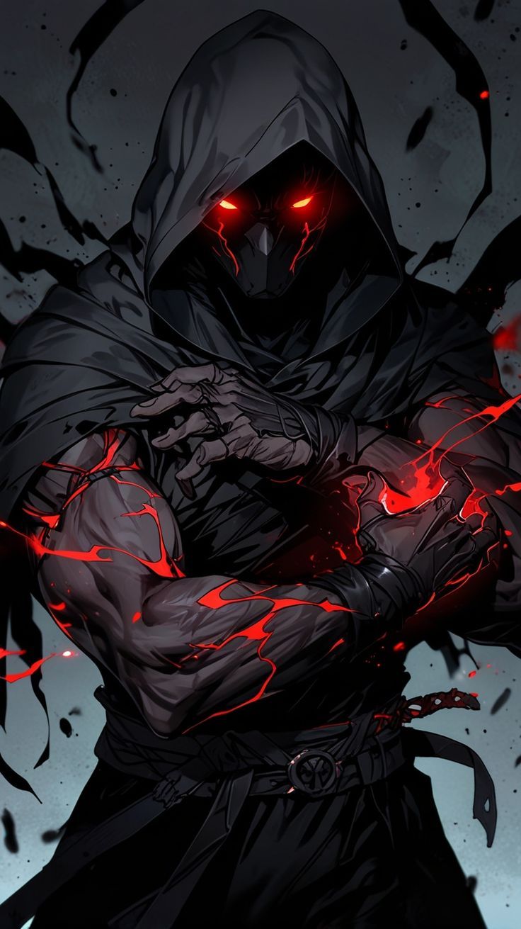 mysterious hooded dark sorcerer, obsidian cloak with tattered edges, glowing crimson eyes under deep hood, molten red energy veins pulsing a...
