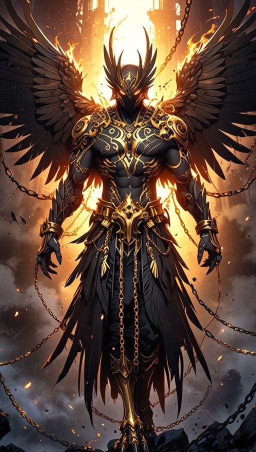 colossal dark seraphim warrior, obsidian armor with molten gold filigree, six massive raven-black wings engulfed in golden fire, glowing ora...