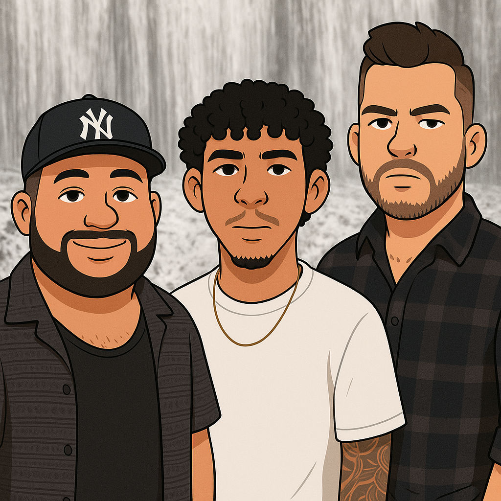 Combine the three faces from reference images 1, 2, and 3, keeping exact facial features, skin tones, and hairstyles. Place them inside a bl...