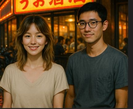 In the picture, there is a motorcycle parked in front of the Asian man and woman. The Asian man helps the Asian woman ta...