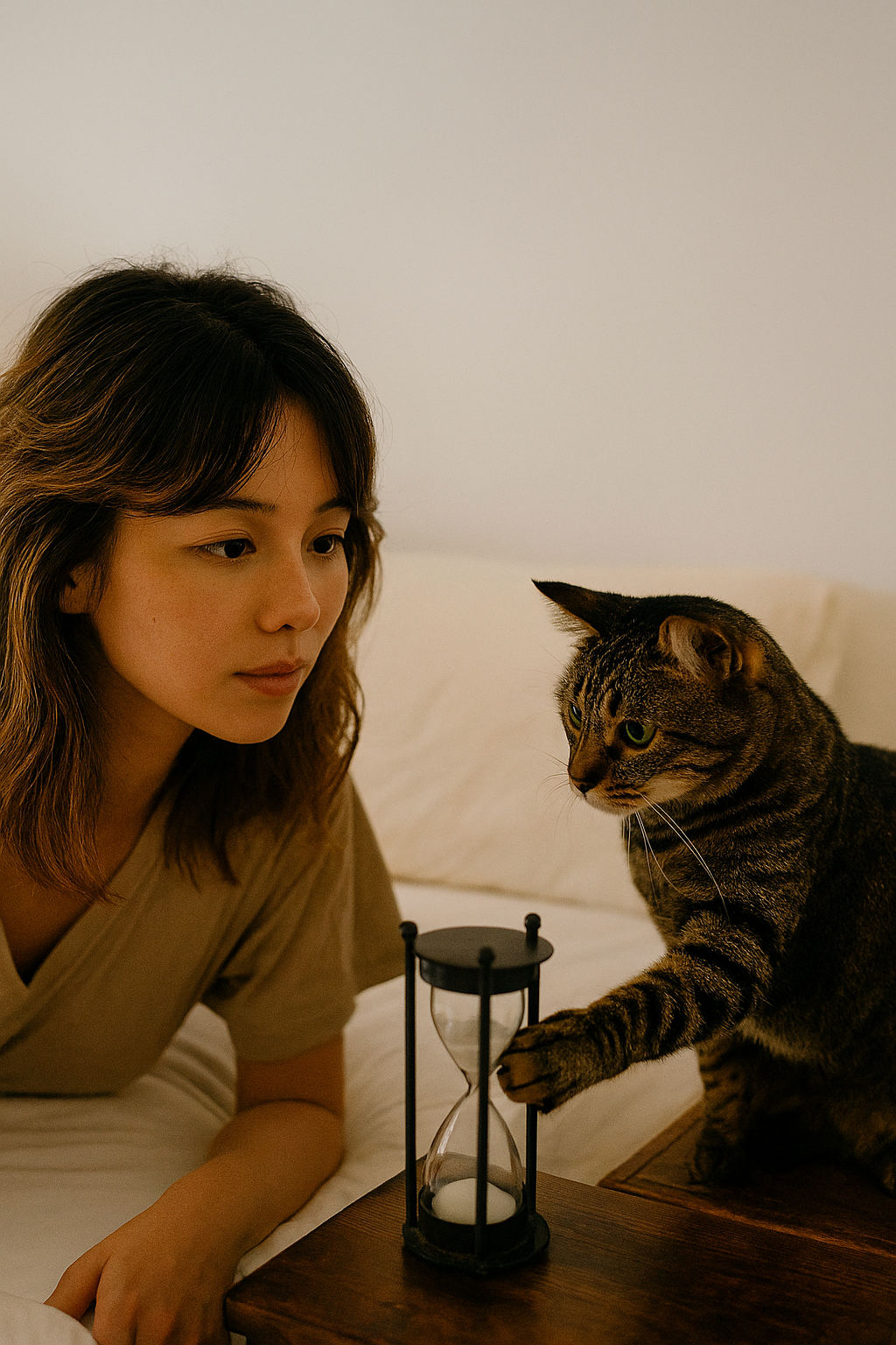 In the picture, the yellow and black tabby cat pushes the hourglass with its paw, and the hourglass falls under the bed