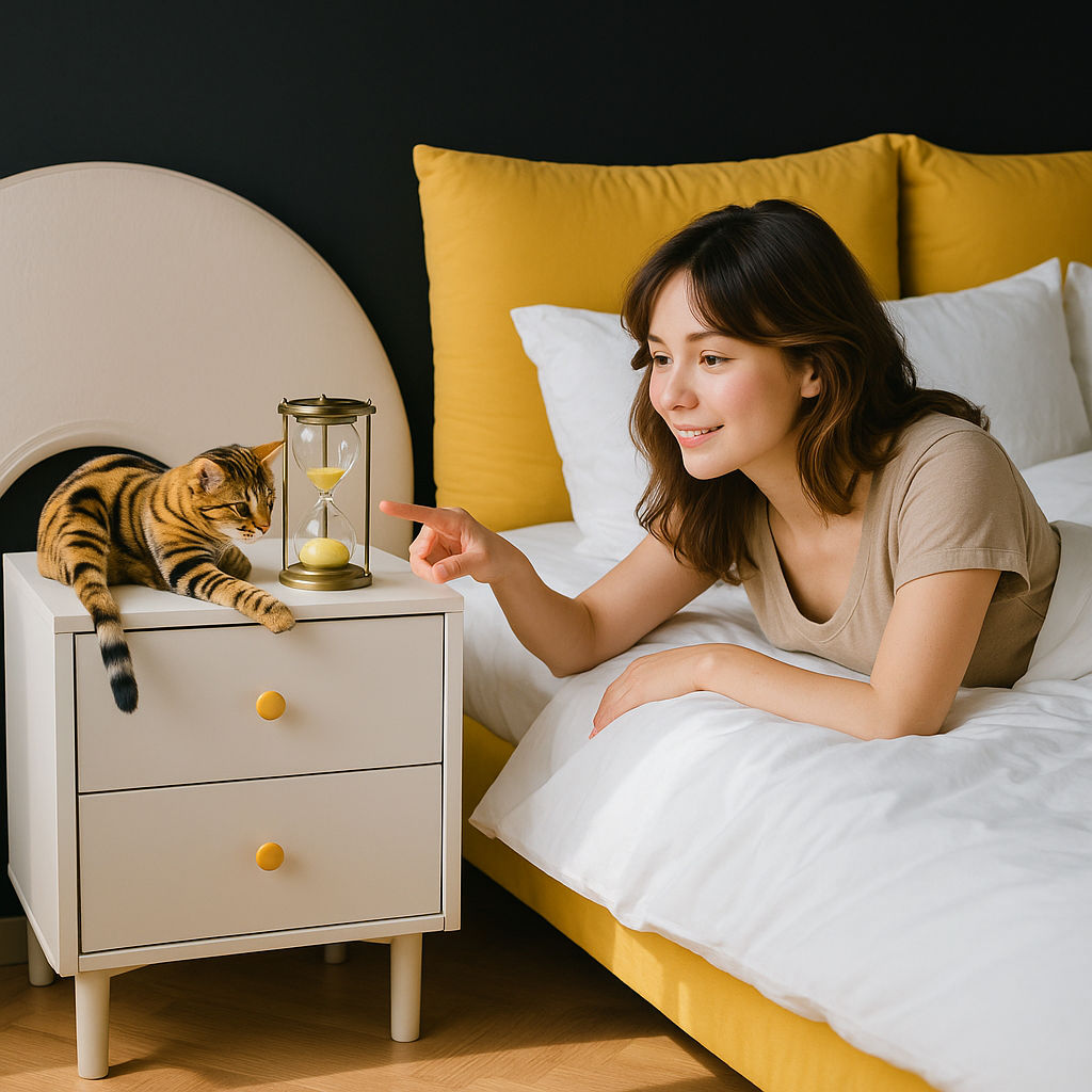 The black and yellow tabby cat in the photo knocked over the hourglass and dropped it on the bed. The Asian woman next t...