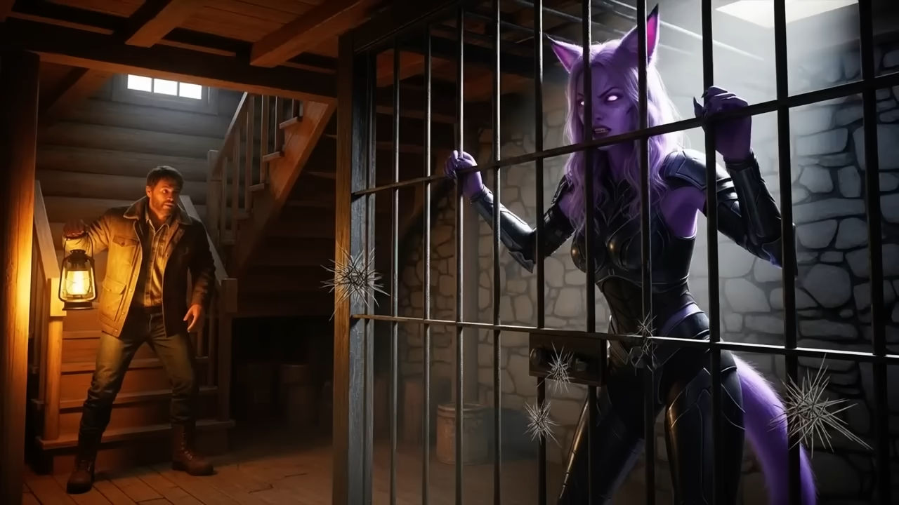 A cinematic fantasy scene inside a dim, rustic stone jailhouse where a fierce purple-skinned feline woman with glowing white eyes, long lave...