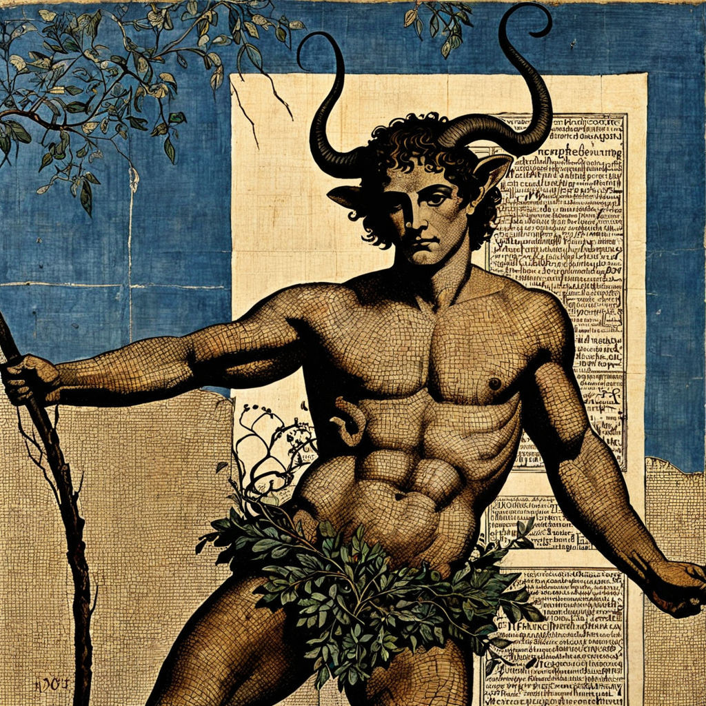 Palimpsest Art, scene depicts a Utraean ferocity with a Nox-portrait of the satyr painted in araujo Art, papyrus and parchment paper in oldv...