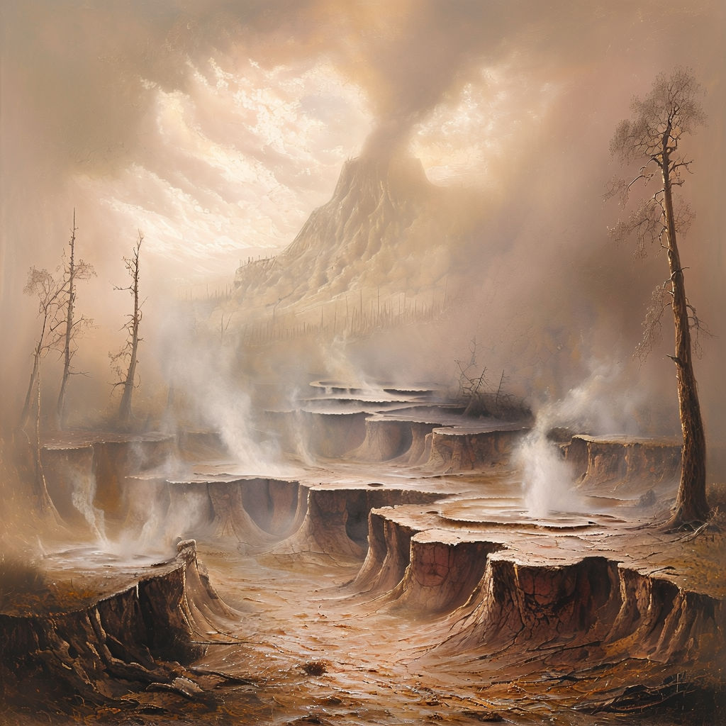 The Ashen Fields of Surtfjöll,

"An ultra-detailed, surreal oil painting titled 'The Geysers of Surtfjöll,' infused with the dramatic chiaro...
