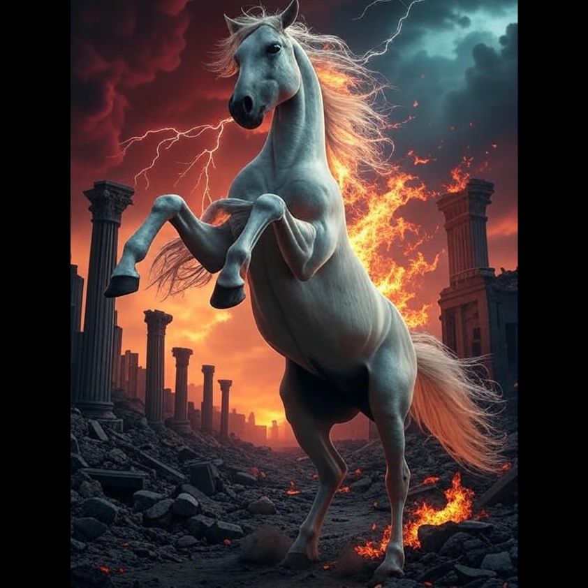 Create an animated scene of a galloping pale white horse, embodying Death from the Four Horsemen of the Apocalypse, gall...
