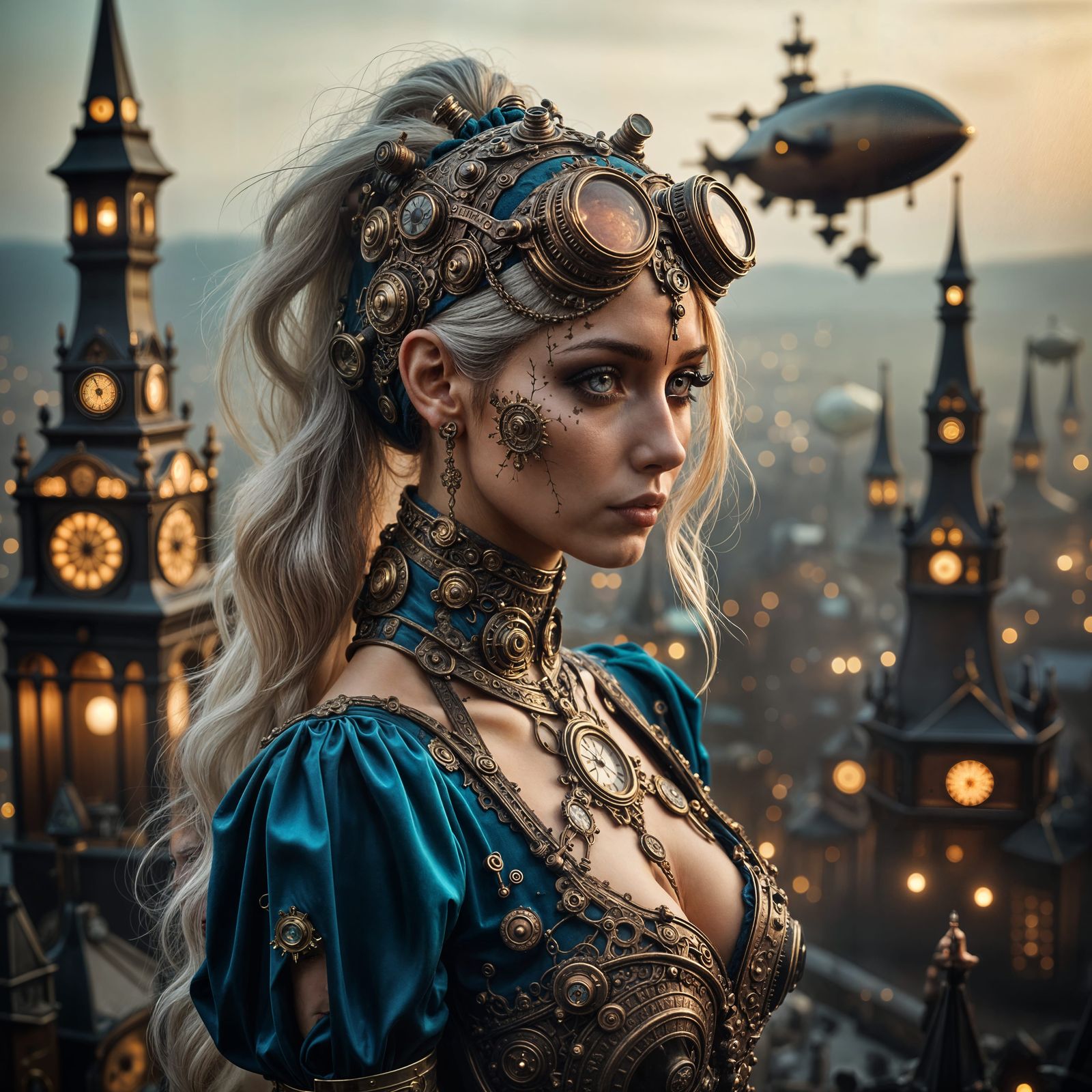 The woman moves with a captivating fusion of youthful curiosity, confidence, mechanical precision, and industrial flair,...