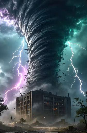 A chaotic, swirling tornado dominates a dark, stormy landscape, its powerful funnel rotating with intense speed, kicking...