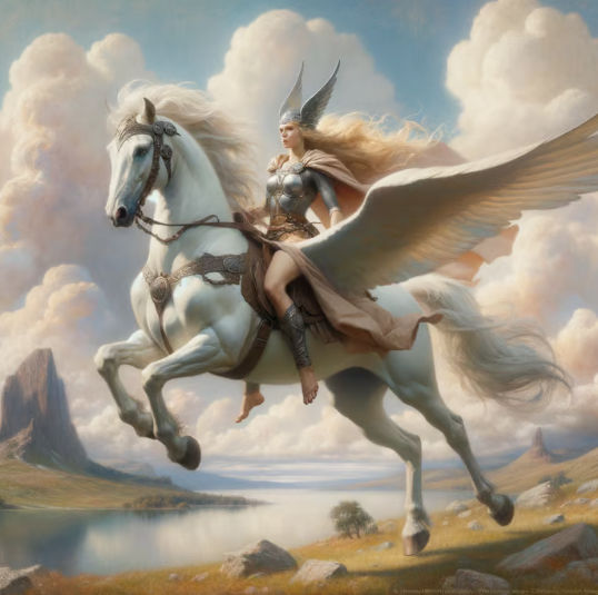 Animate a breathtaking, cinematic scene of a fierce Valkyrie leaning forward on the horse as she rides  a powerful raceh...