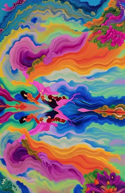 Create a mesmerizing video animation where all the colors in the picture are animated, alive, twisting, swirling and flowing. Decouple the c...