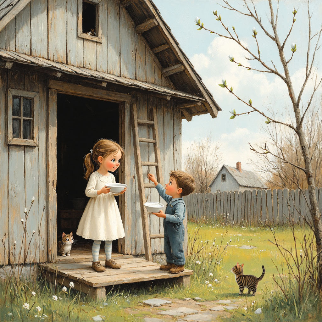 Были брат и сестра — Вася и Катя; и у них была кошка. 

Один раз они играли подле амбара и услыхали — над головой что-то мяучит тонкими голо...