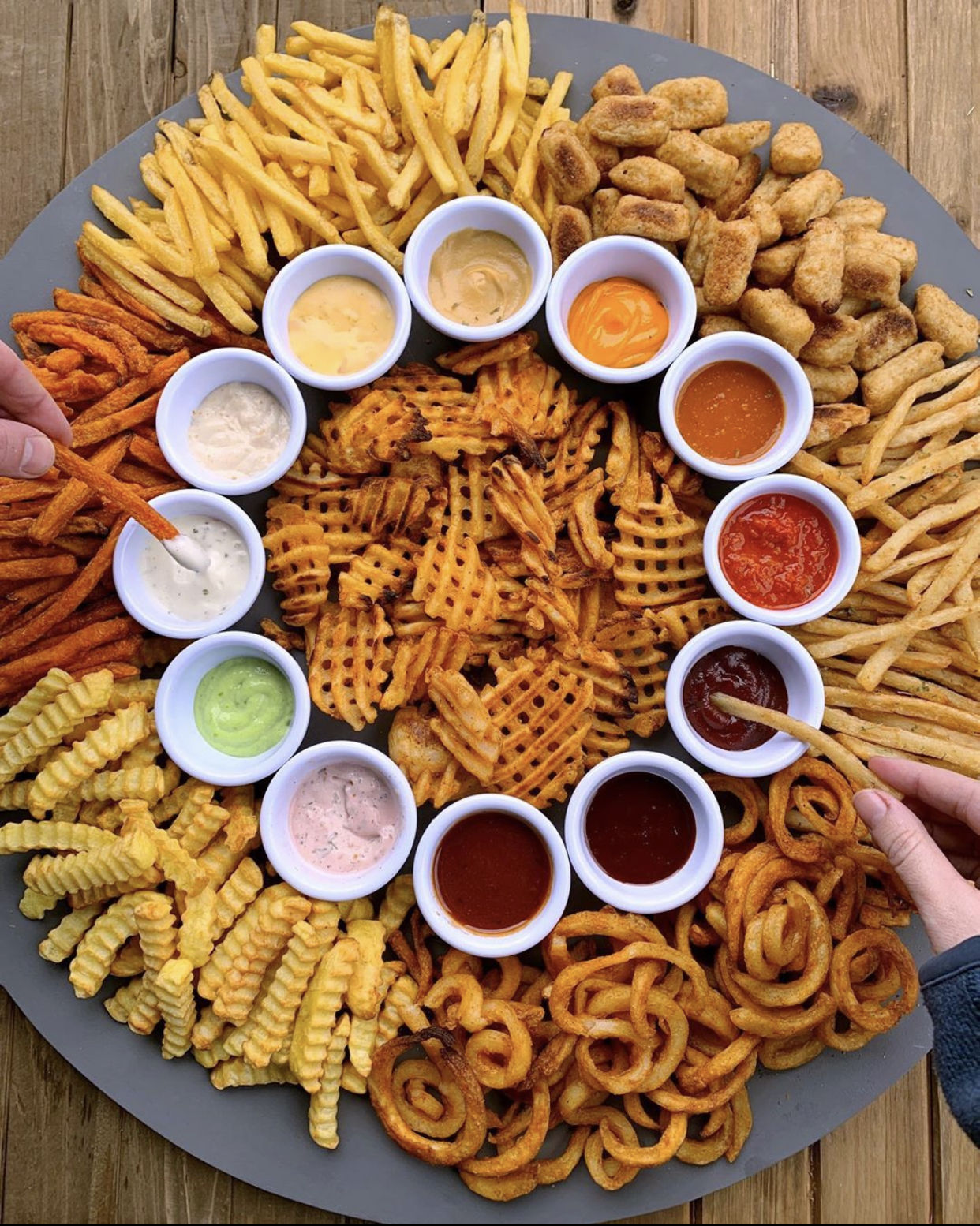 French fry board with dips by Greg Rutkowski detailed matte painting 8k resolution concept art hyperdetailed intricately detailed