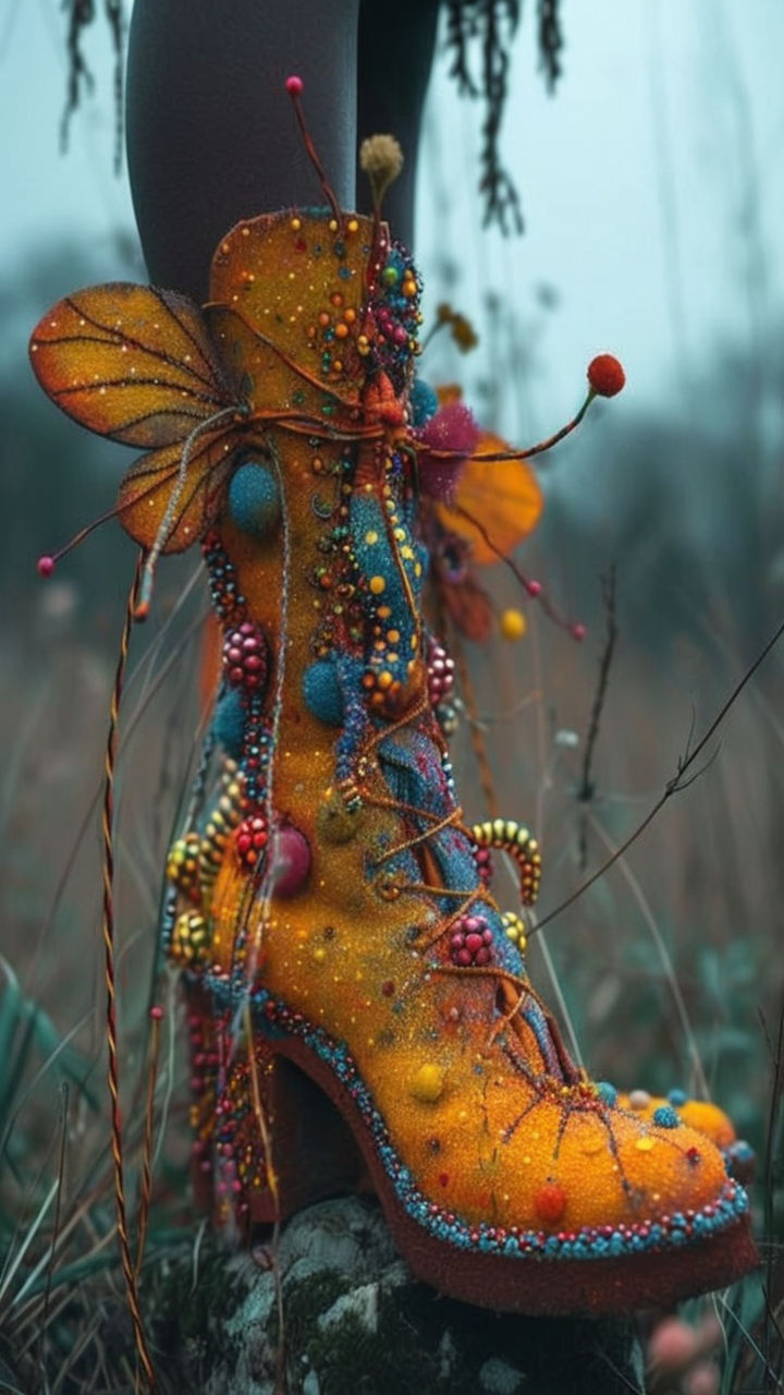 The image features a close-up of a person's foot adorned with an eye-catching boot. This boot is not just any ordinary one; it's covered in...