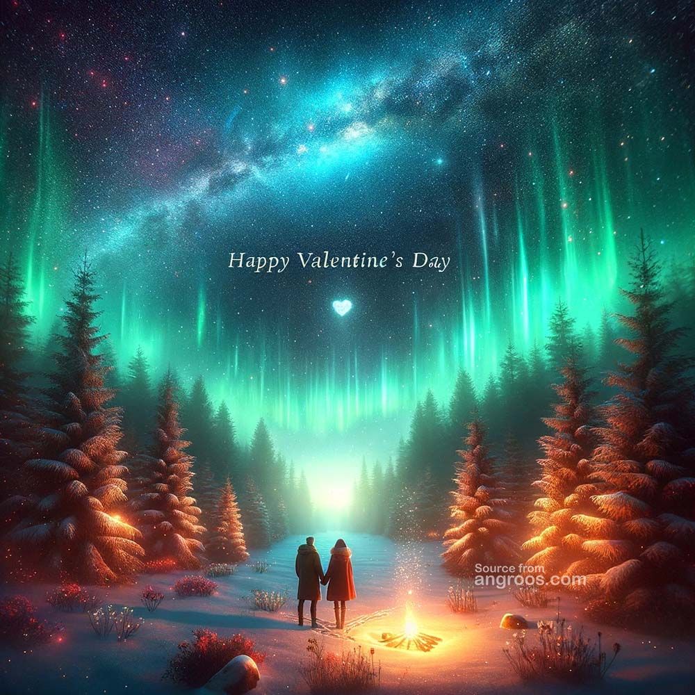 <lora:Flux - Painterly:1.0> In this vibrant digital artwork, a couple is seen walking hand-in-hand on a snowy path lined with towering trees...